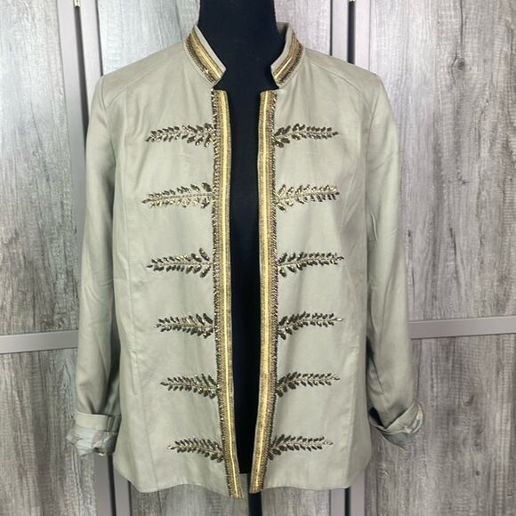 Chico's olive green fully lined beaded embellished open front jacket women's 1 - Picture 1 of 15